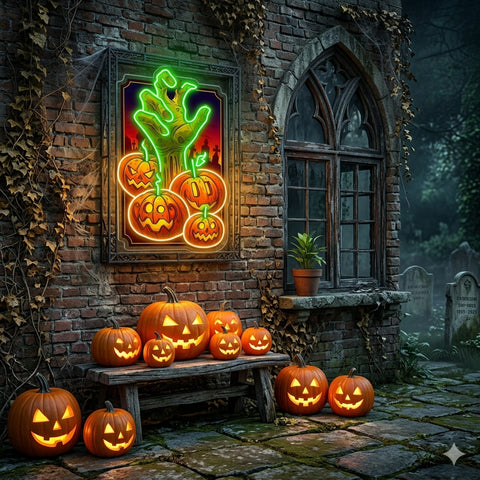 Halloween Zombie Hand Neon Sign – Scary LED Wall Light with Pumpkins for Haunted House & Party Decor