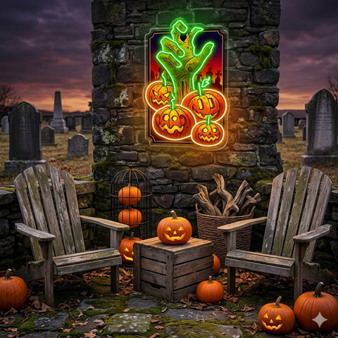 Halloween Zombie Hand Neon Sign – Scary LED Wall Light with Pumpkins for Haunted House & Party Decor