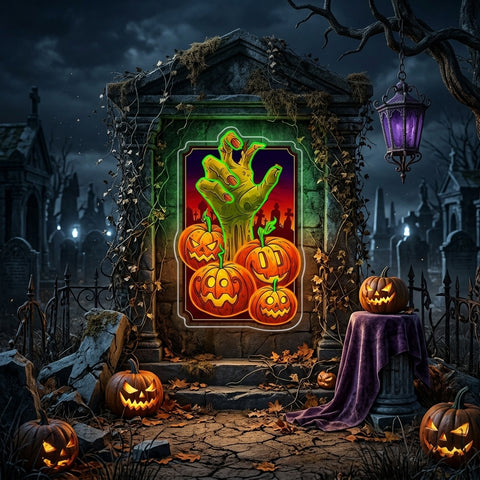Halloween Zombie Hand Neon Sign – Scary LED Wall Light with Pumpkins for Haunted House & Party Decor