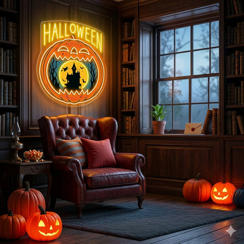 Halloween Pumpkin Neon Sign – Haunted House LED Wall Light for Spooky Party & Home Decor