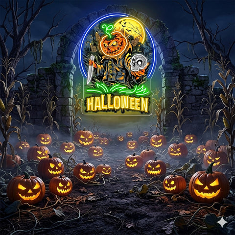 Halloween Pumpkin Warrior Neon Sign – Scary LED Wall Light with Skull & Knife for Haunted Decor