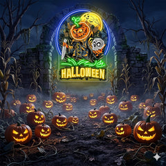 Halloween Pumpkin Warrior Neon Sign – Scary LED Wall Light with Skull & Knife for Haunted Decor