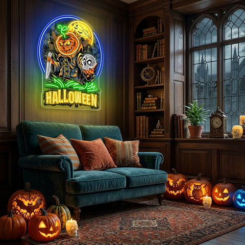 Halloween Pumpkin Warrior Neon Sign – Scary LED Wall Light with Skull & Knife for Haunted Decor