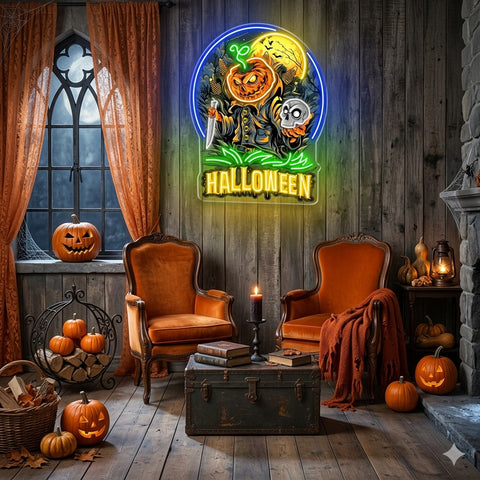 Halloween Pumpkin Warrior Neon Sign – Scary LED Wall Light with Skull & Knife for Haunted Decor