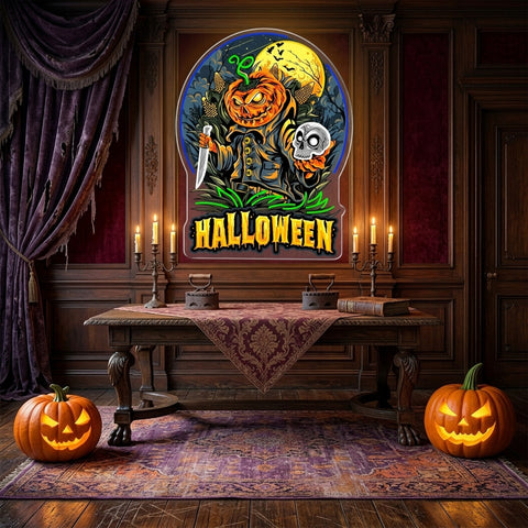 Halloween Pumpkin Warrior Neon Sign – Scary LED Wall Light with Skull & Knife for Haunted Decor