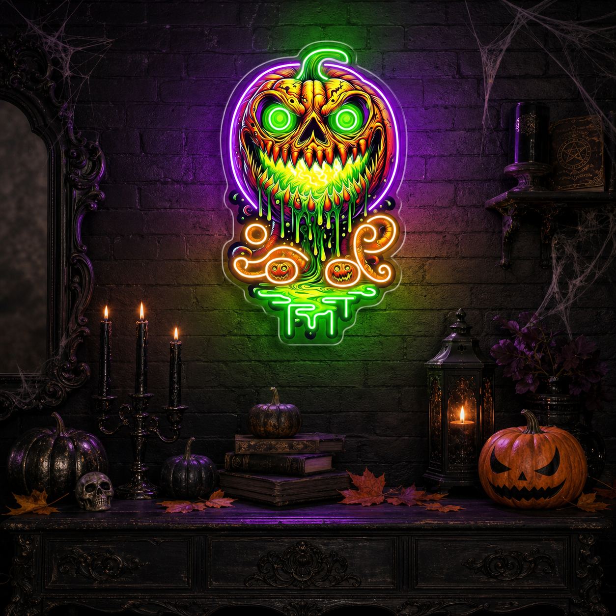 Halloween Evil Pumpkin Neon Sign – Creepy LED Wall Light with Glowing Eyes for Haunted Decor