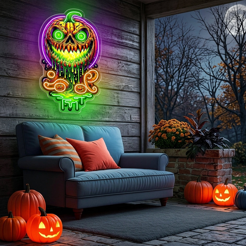 Halloween Evil Pumpkin Neon Sign – Creepy LED Wall Light with Glowing Eyes for Haunted Decor