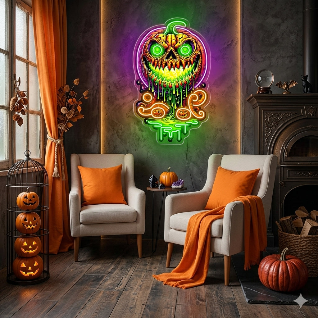 Halloween Evil Pumpkin Neon Sign – Creepy LED Wall Light with Glowing Eyes for Haunted Decor