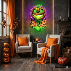 Halloween Evil Pumpkin Neon Sign – Creepy LED Wall Light with Glowing Eyes for Haunted Decor