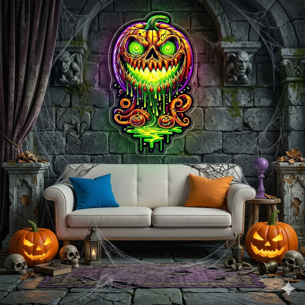 Halloween Evil Pumpkin Neon Sign – Creepy LED Wall Light with Glowing Eyes for Haunted Decor