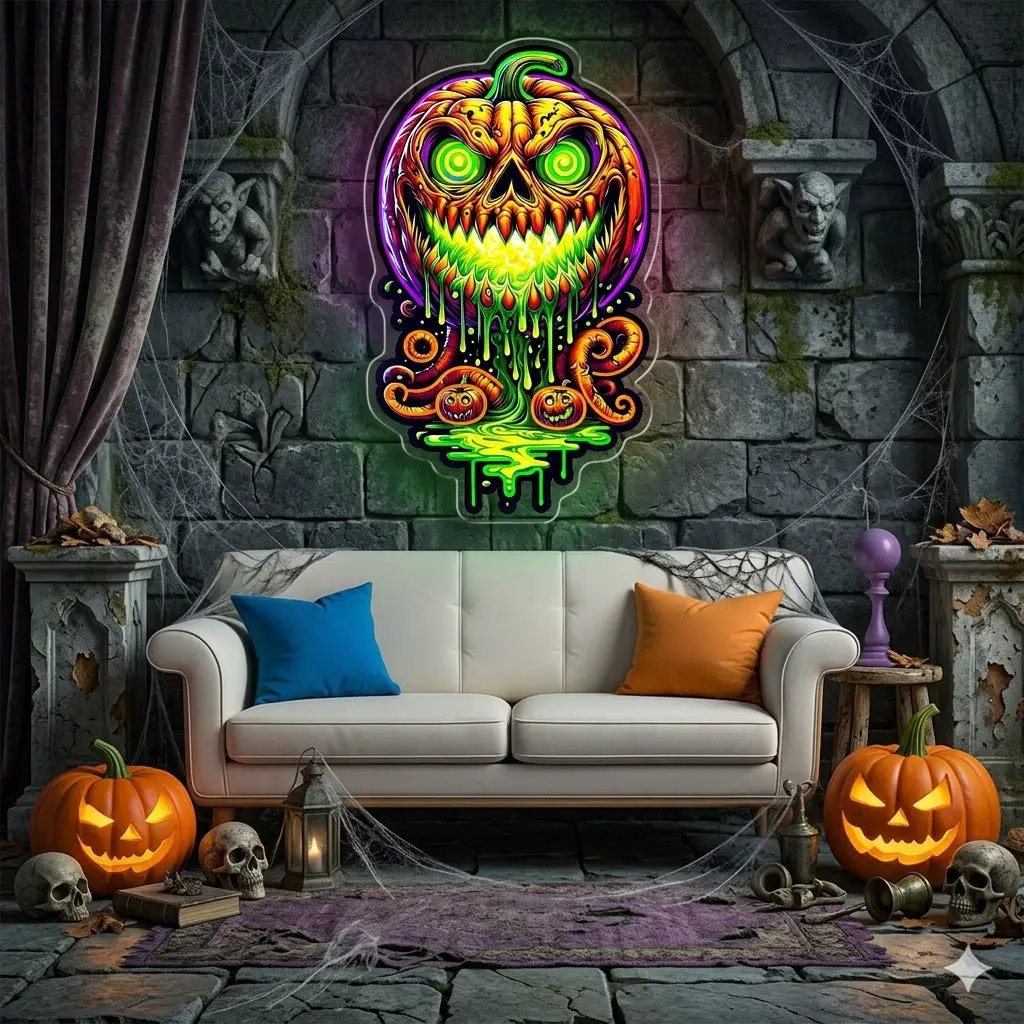 Halloween Evil Pumpkin Neon Sign – Creepy LED Wall Light with Glowing Eyes for Haunted Decor