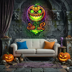 Halloween Evil Pumpkin Neon Sign – Creepy LED Wall Light with Glowing Eyes for Haunted Decor