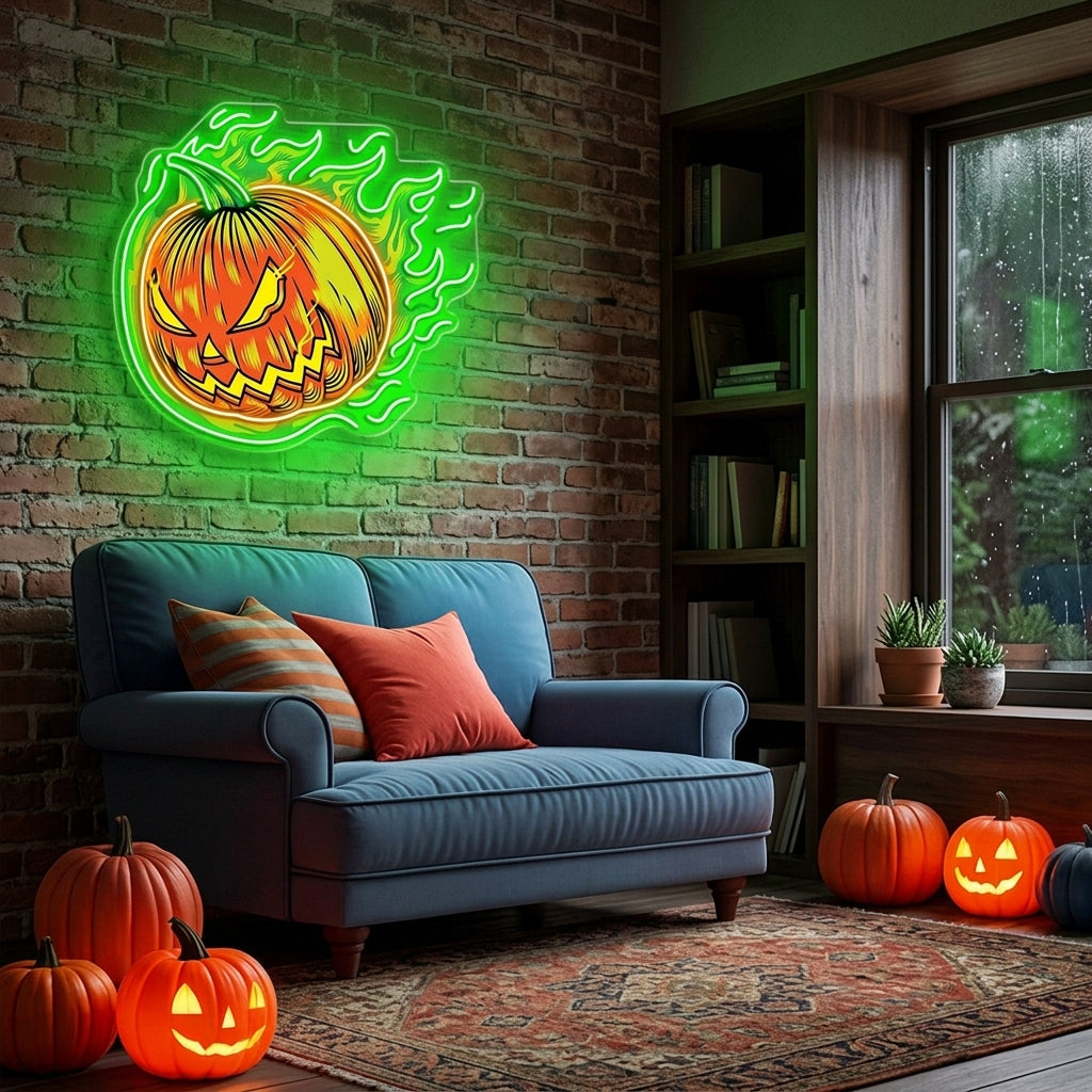 Halloween Flaming Pumpkin Neon Sign – Scary Jack-o’-Lantern LED Wall Light for Haunted Decor