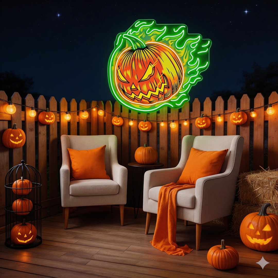 Halloween Flaming Pumpkin Neon Sign – Scary Jack-o’-Lantern LED Wall Light for Haunted Decor