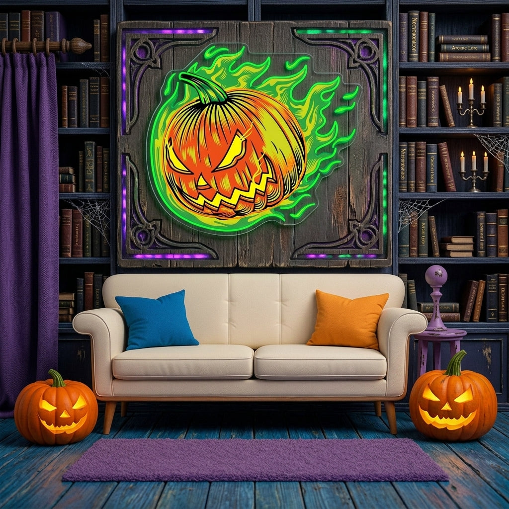 Halloween Flaming Pumpkin Neon Sign – Scary Jack-o’-Lantern LED Wall Light for Haunted Decor