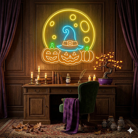Halloween Pumpkin Moon Neon Sign – Spooky LED Wall Light with Witch Hat & Jack-o’-Lanterns