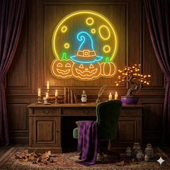 Halloween Pumpkin Moon Neon Sign – Spooky LED Wall Light with Witch Hat & Jack-o’-Lanterns