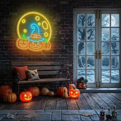 Halloween Pumpkin Moon Neon Sign – Spooky LED Wall Light with Witch Hat & Jack-o’-Lanterns