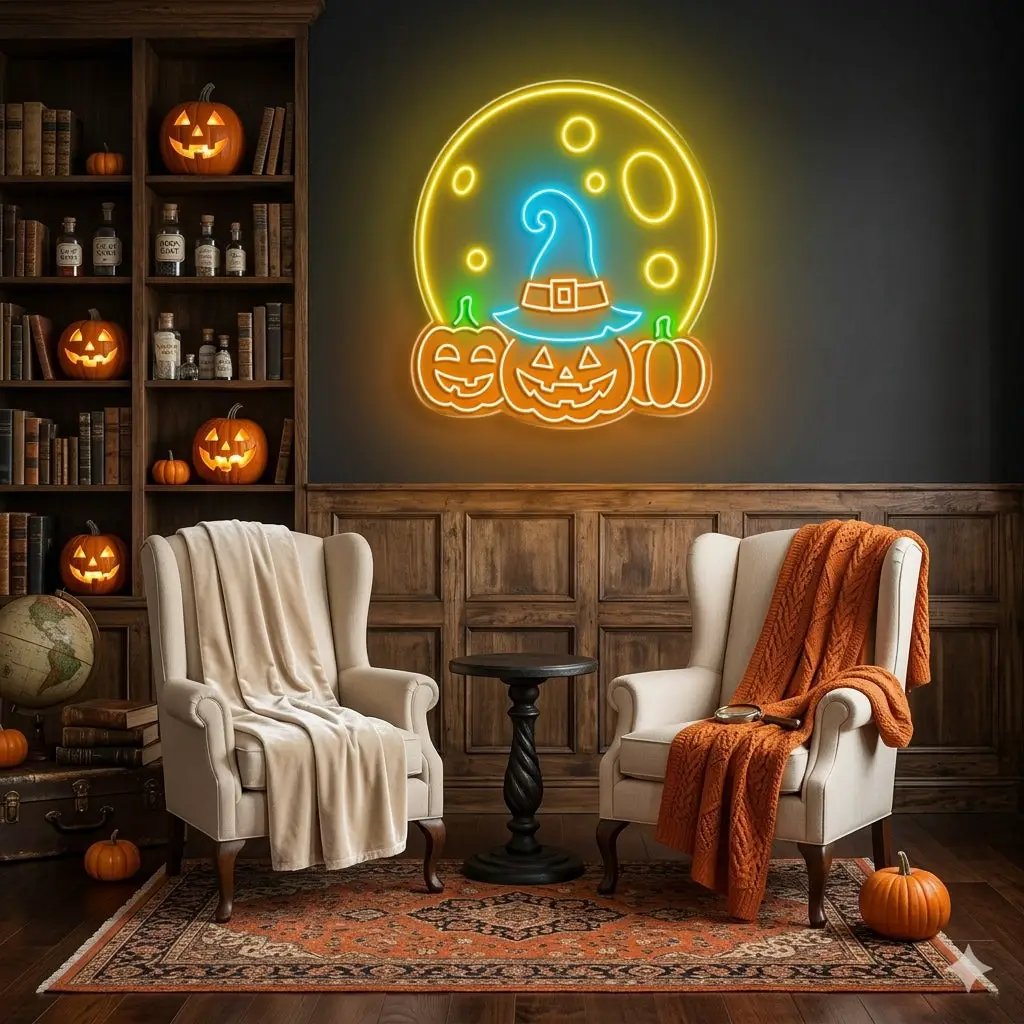 Halloween Pumpkin Moon Neon Sign – Spooky LED Wall Light with Witch Hat & Jack-o’-Lanterns