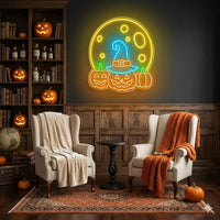 Halloween Pumpkin Moon Neon Sign – Spooky LED Wall Light with Witch Hat & Jack-o’-Lanterns