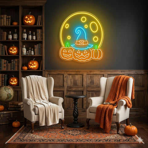 Halloween Pumpkin Moon Neon Sign – Spooky LED Wall Light with Witch Hat & Jack-o’-Lanterns