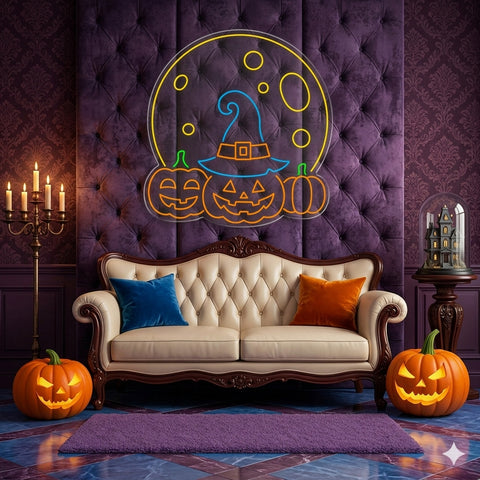 Halloween Pumpkin Moon Neon Sign – Spooky LED Wall Light with Witch Hat & Jack-o’-Lanterns