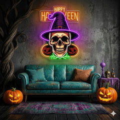 Halloween Skull Witch Neon Sign – Spooky LED Wall Light with Pumpkins for Haunted Decor