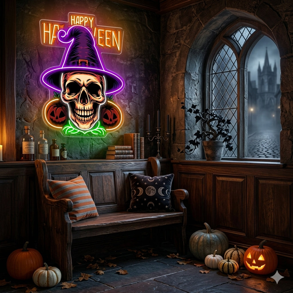 Halloween Skull Witch Neon Sign – Spooky LED Wall Light with Pumpkins for Haunted Decor