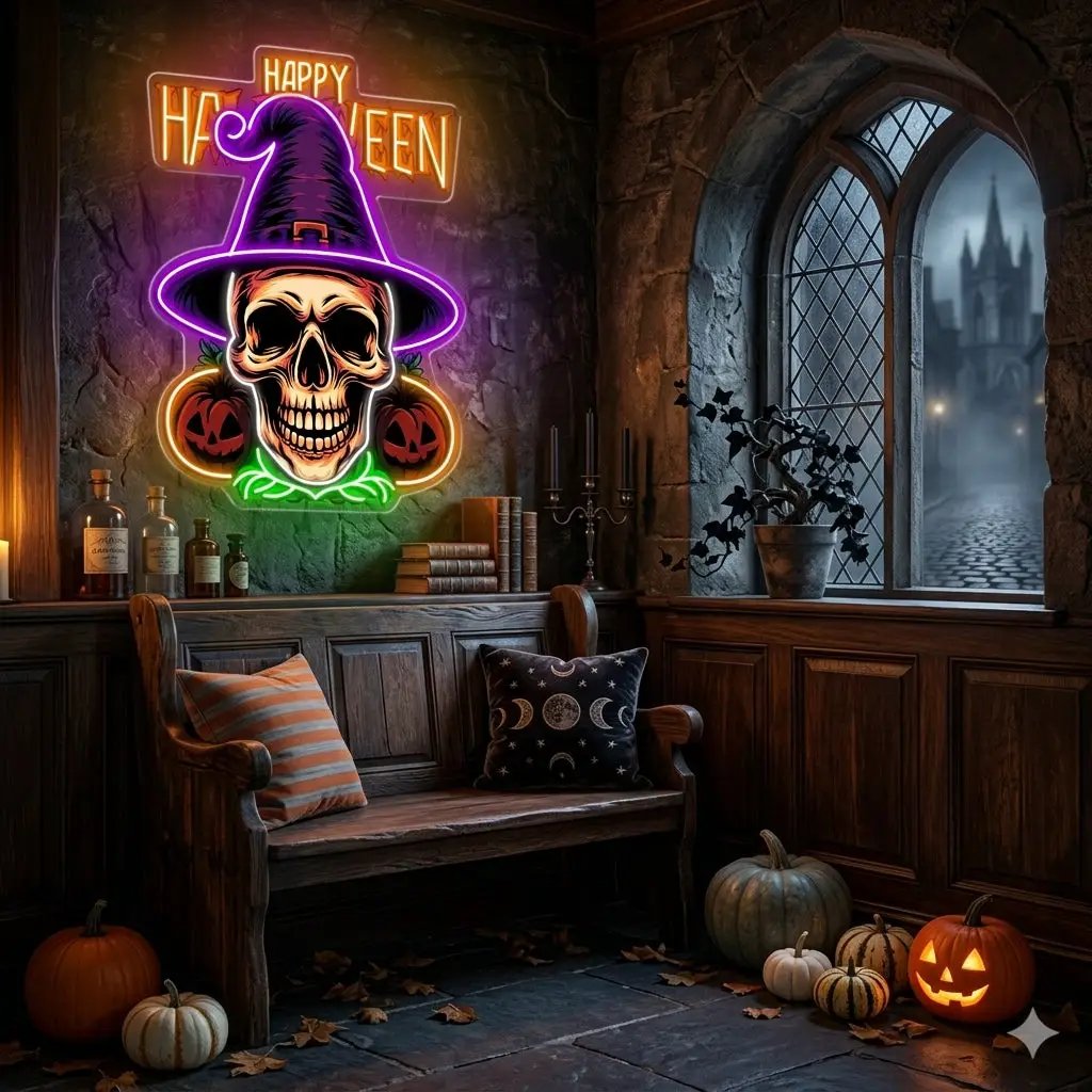 Halloween Skull Witch Neon Sign – Spooky LED Wall Light with Pumpkins for Haunted Decor