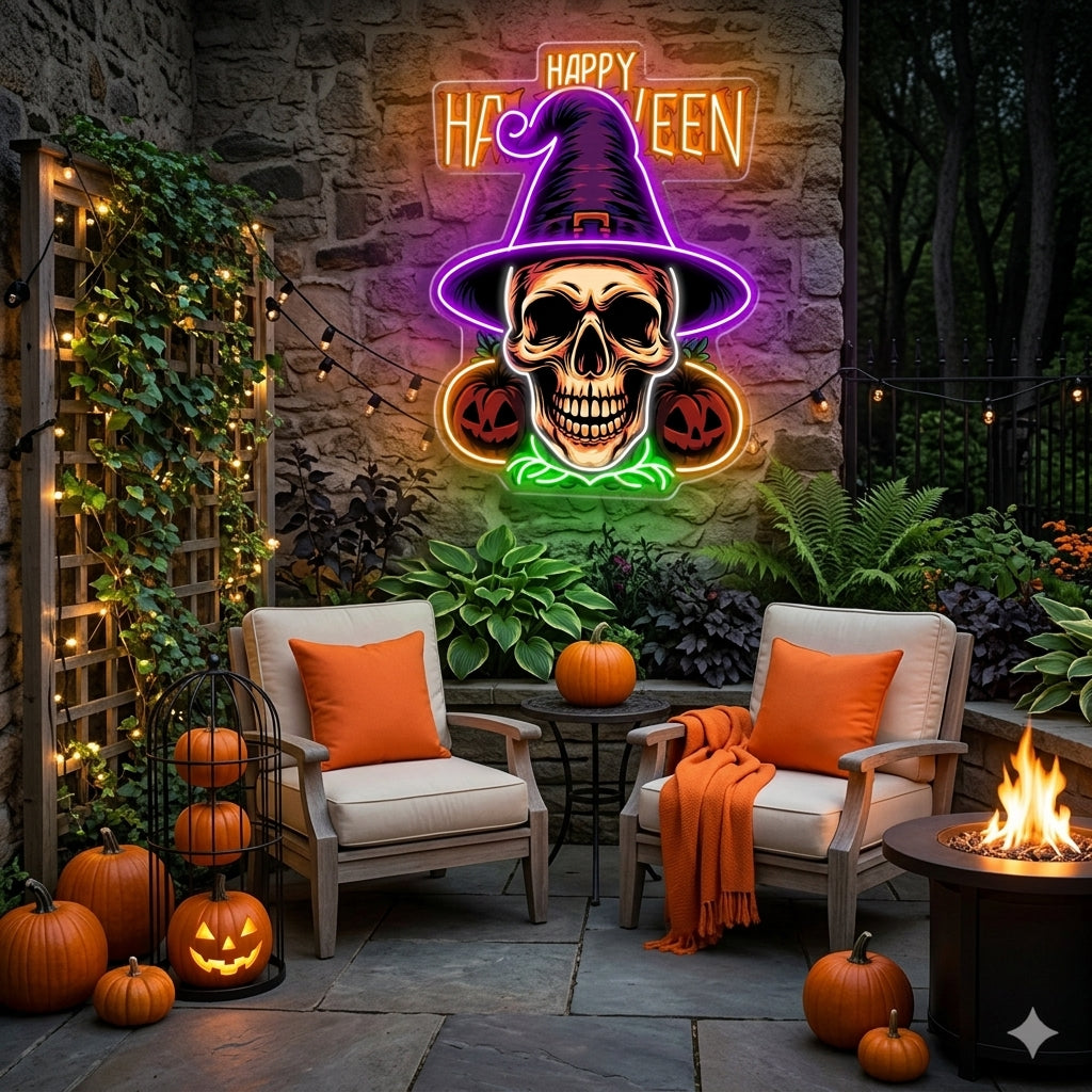 Halloween Skull Witch Neon Sign – Spooky LED Wall Light with Pumpkins for Haunted Decor