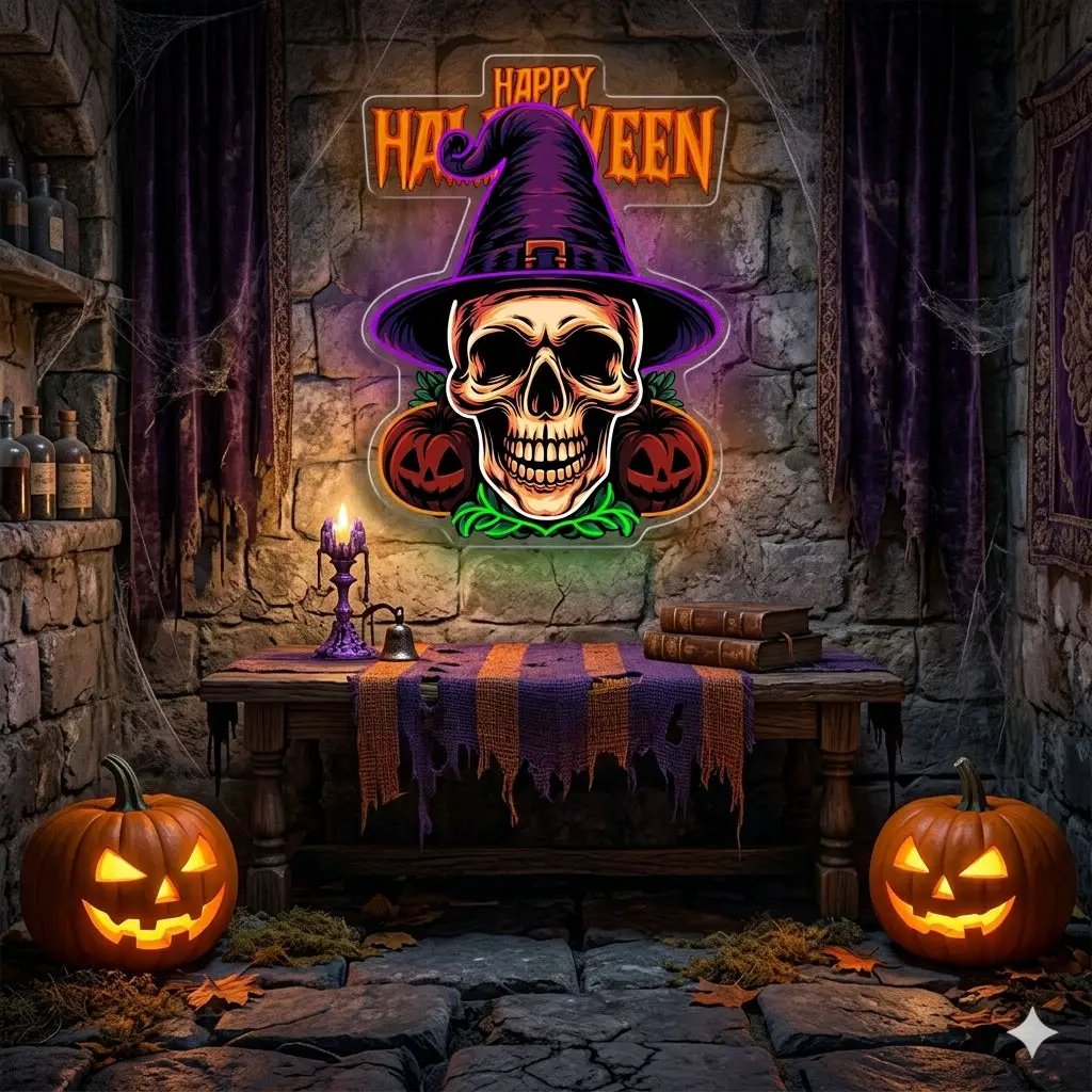 Halloween Skull Witch Neon Sign – Spooky LED Wall Light with Pumpkins for Haunted Decor