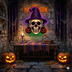Halloween Skull Witch Neon Sign – Spooky LED Wall Light with Pumpkins for Haunted Decor