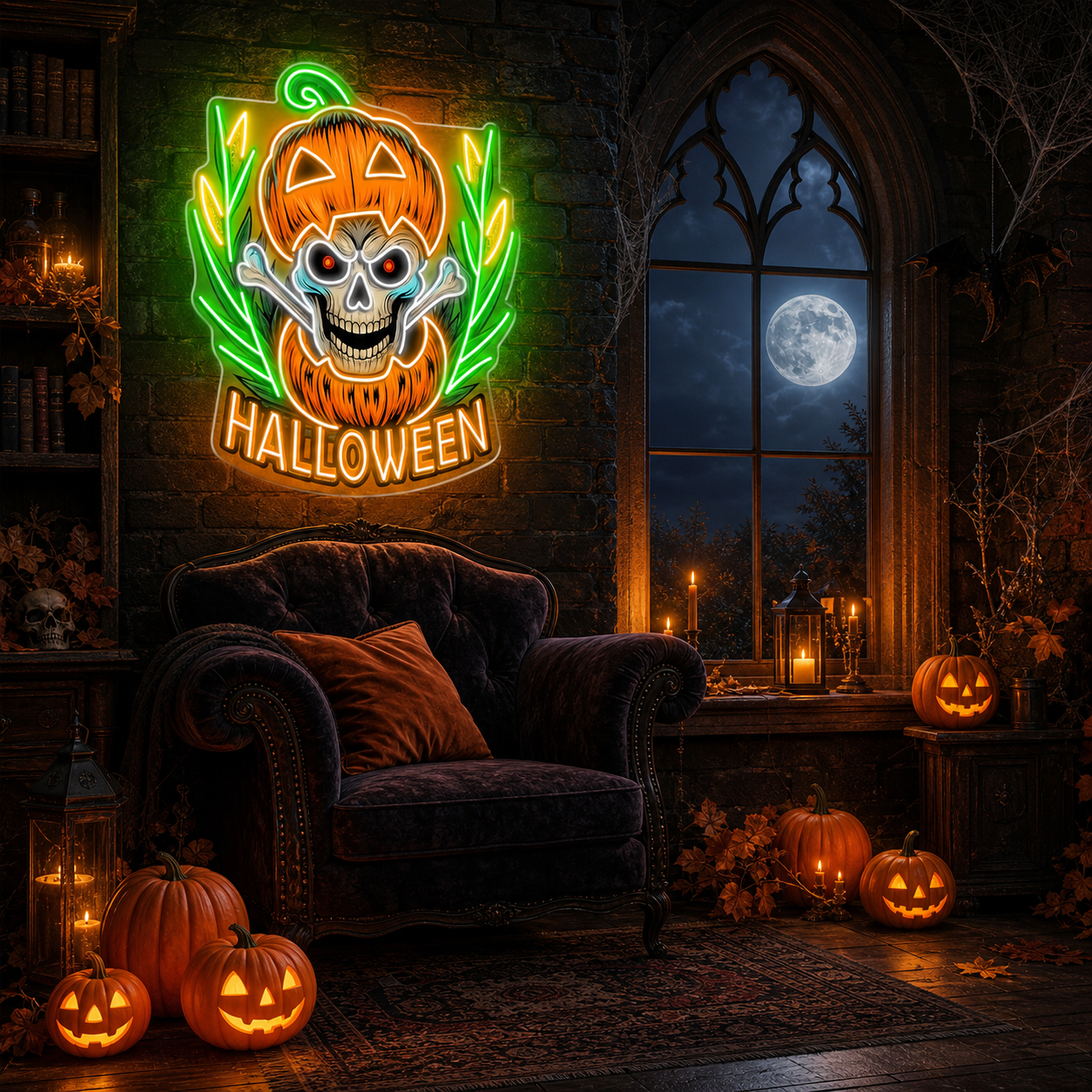 Halloween Skull Pumpkin Neon Sign – Spooky Jack-o’-Lantern LED Wall Light with Bones for Haunted Decor