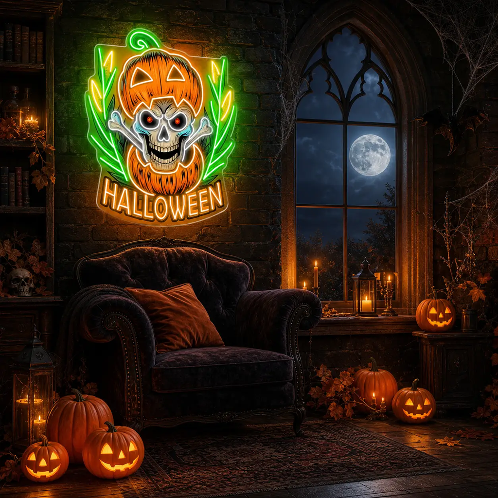Halloween Skull Pumpkin Neon Sign – Spooky Jack-o’-Lantern LED Wall Light with Bones for Haunted Decor