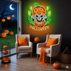 Halloween Skull Pumpkin Neon Sign – Spooky Jack-o’-Lantern LED Wall Light with Bones for Haunted Decor