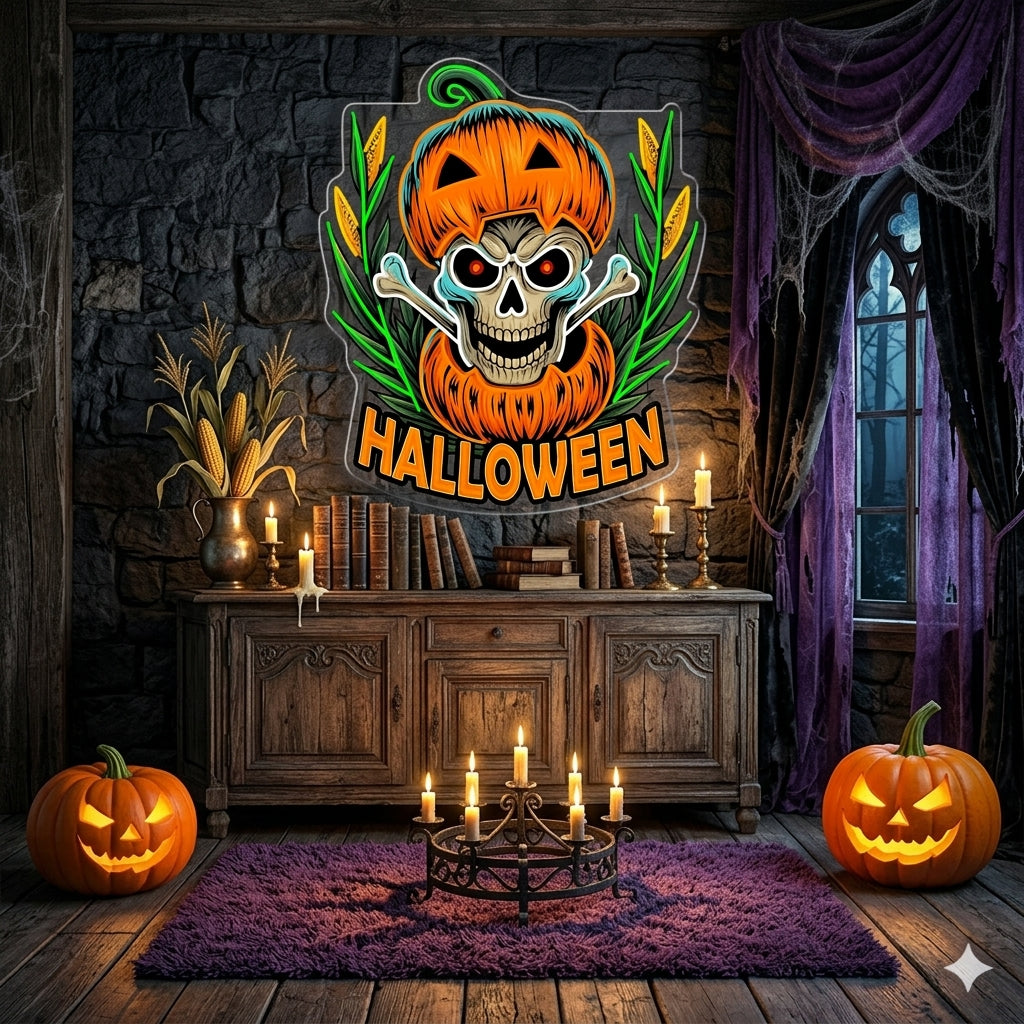Halloween Skull Pumpkin Neon Sign – Spooky Jack-o’-Lantern LED Wall Light with Bones for Haunted Decor