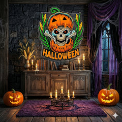 Halloween Skull Pumpkin Neon Sign – Spooky Jack-o’-Lantern LED Wall Light with Bones for Haunted Decor