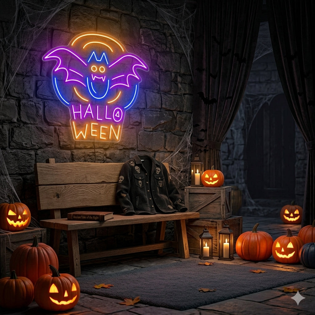 Halloween Bat Neon Sign – Fun Spooky LED Wall Light for Party & Haunted House Decor