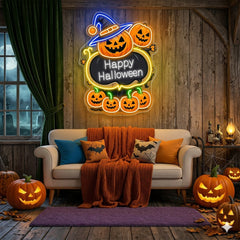 Happy Halloween Pumpkin Neon Sign – LED Wall Light with Witch Hat & Jack-o’-Lanterns for Spooky Decor