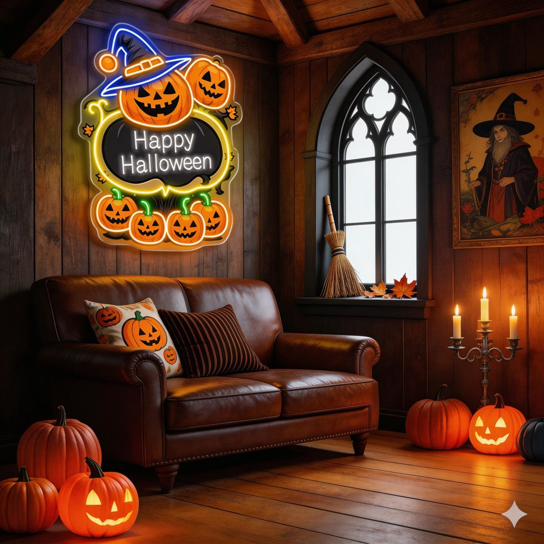 Happy Halloween Pumpkin Neon Sign – LED Wall Light with Witch Hat & Jack-o’-Lanterns for Spooky Decor
