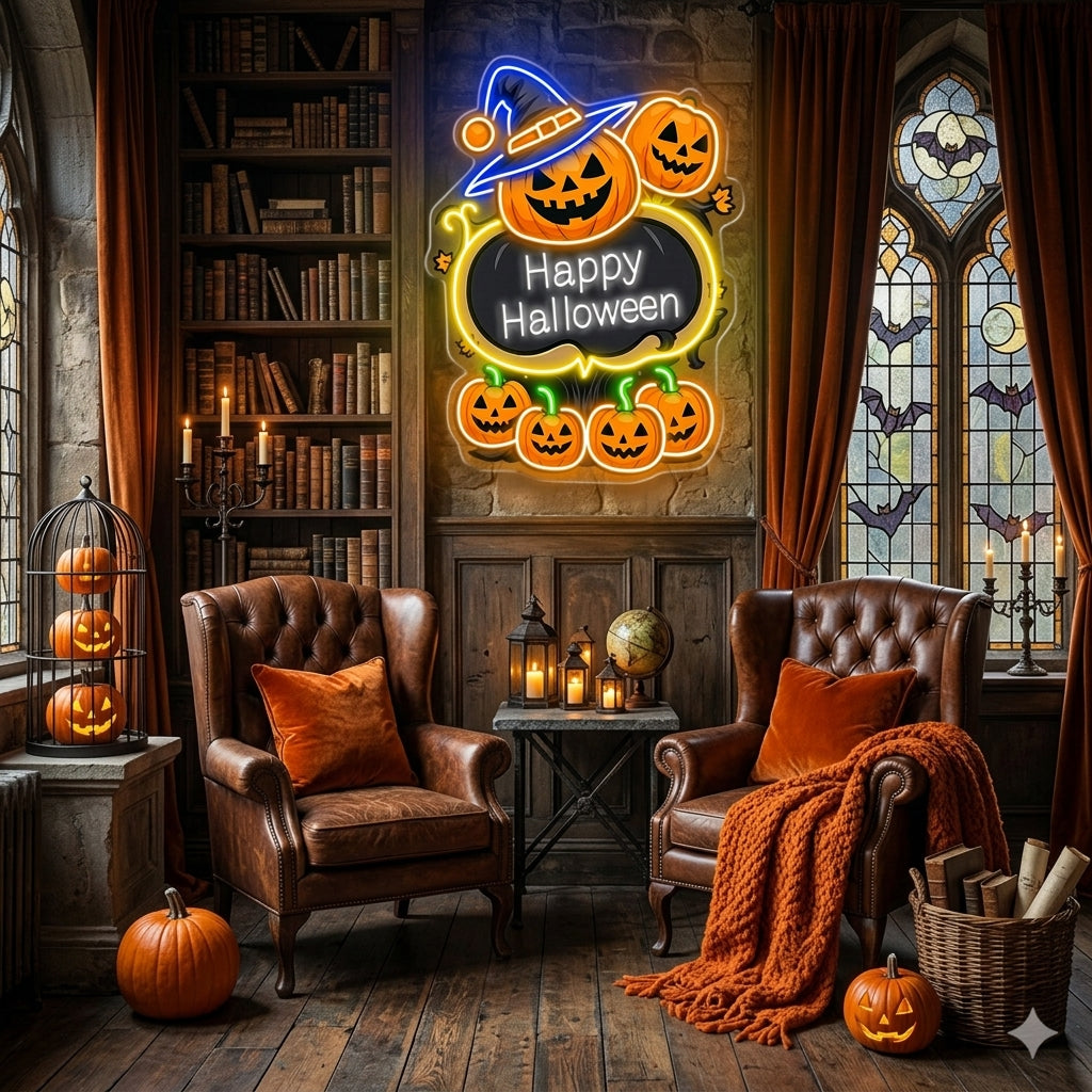 Happy Halloween Pumpkin Neon Sign – LED Wall Light with Witch Hat & Jack-o’-Lanterns for Spooky Decor