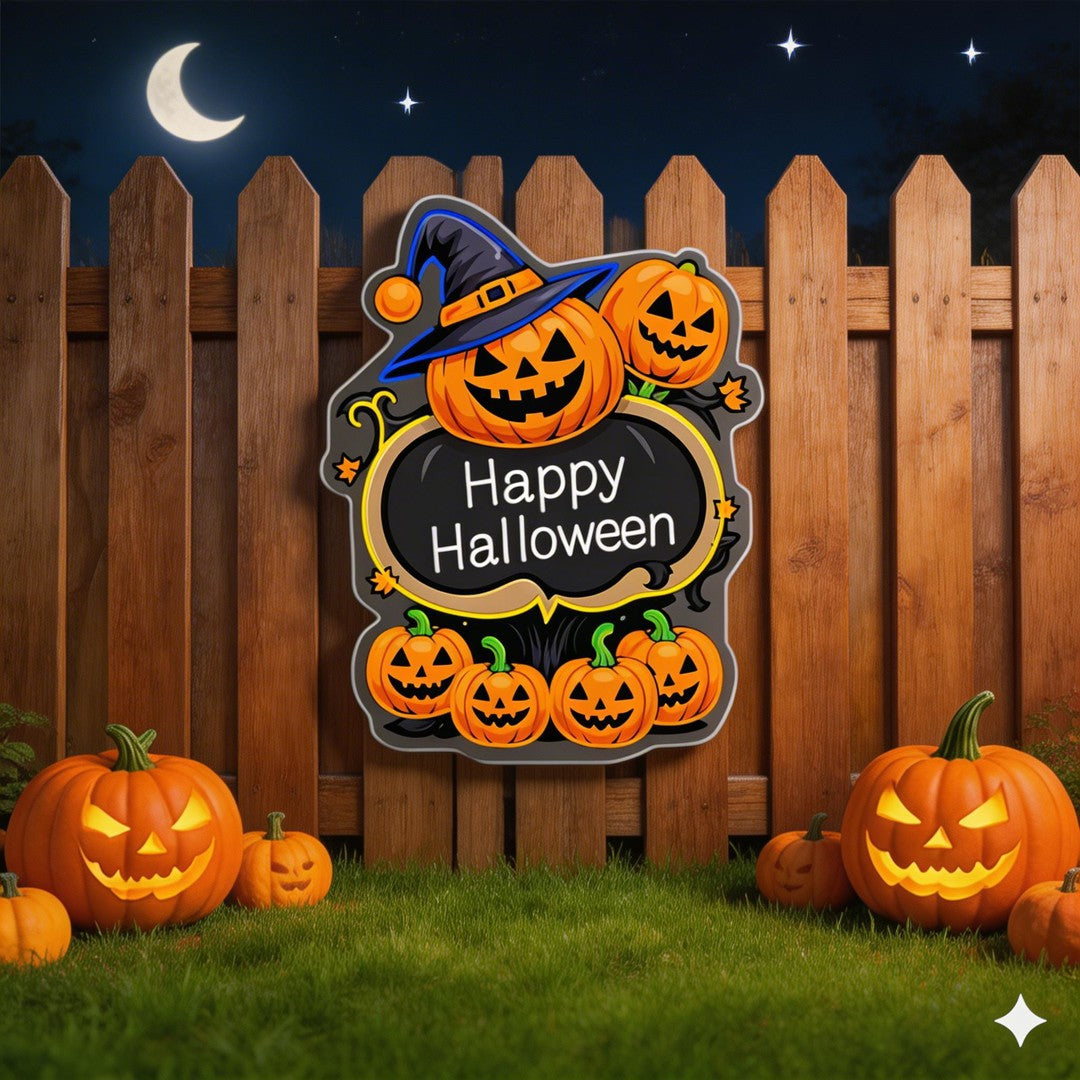 Happy Halloween Pumpkin Neon Sign – LED Wall Light with Witch Hat & Jack-o’-Lanterns for Spooky Decor