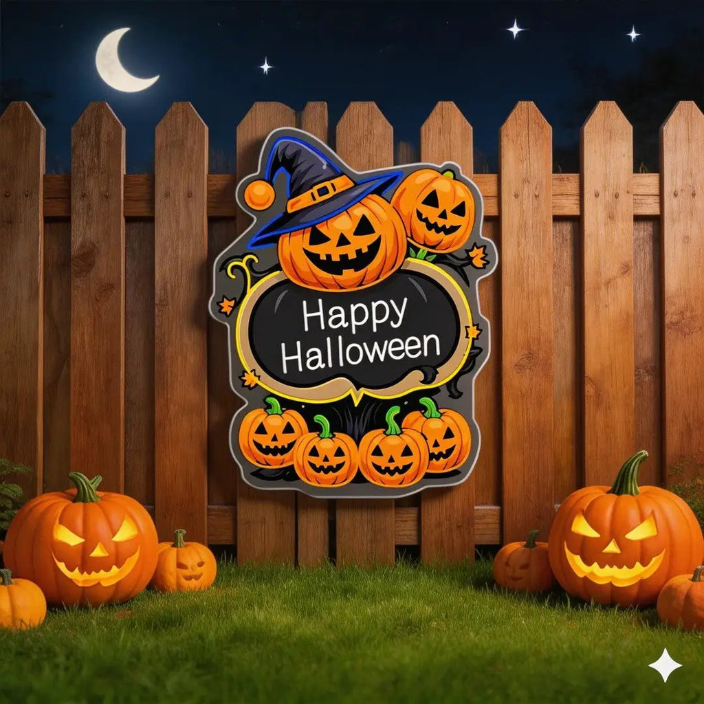 Happy Halloween Pumpkin Neon Sign – LED Wall Light with Witch Hat & Jack-o’-Lanterns for Spooky Decor