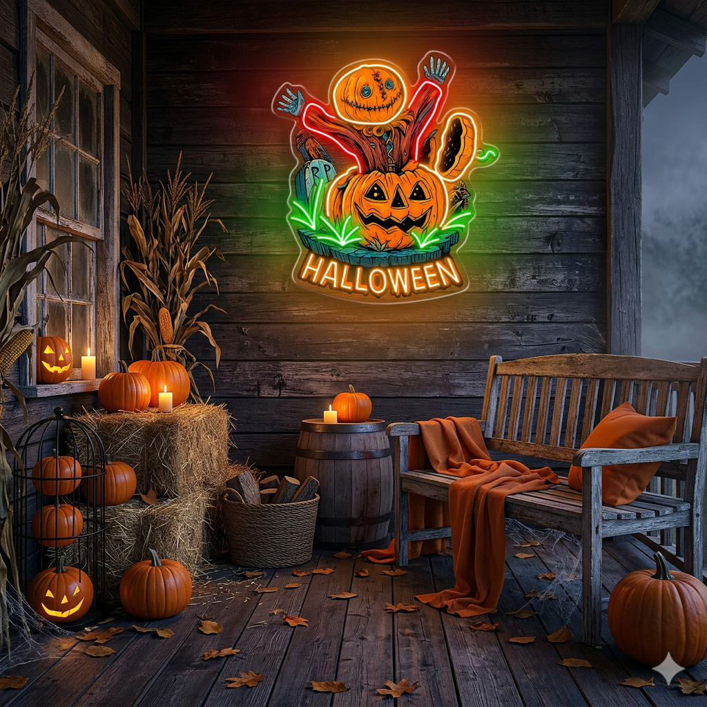 Halloween Pumpkin Scarecrow Neon Sign – Spooky LED Wall Light for Haunted House & Party Decor