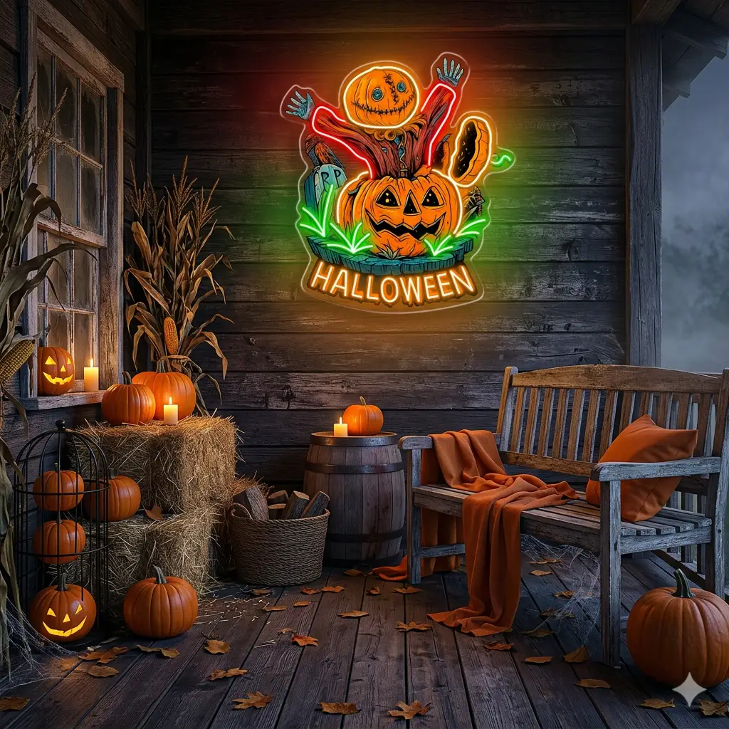 Halloween Pumpkin Scarecrow Neon Sign – Spooky LED Wall Light for Haunted House & Party Decor