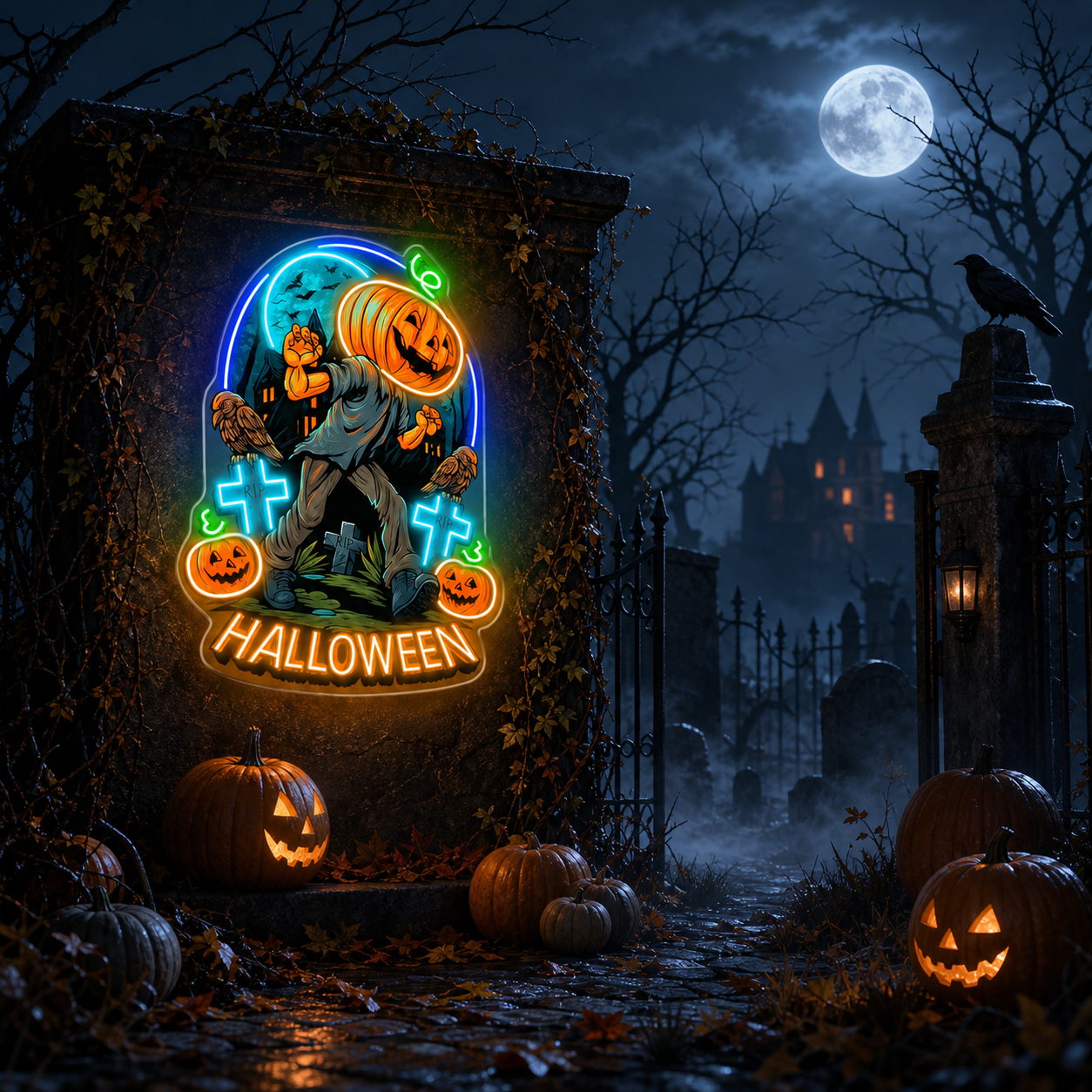 Halloween Pumpkin Zombie Neon Sign – Creepy LED Wall Light for Haunted House & Party Decor