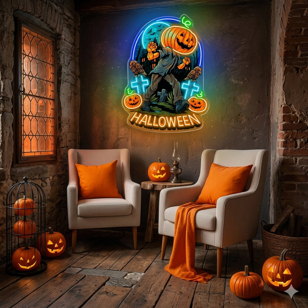 Halloween Pumpkin Zombie Neon Sign – Creepy LED Wall Light for Haunted House & Party Decor