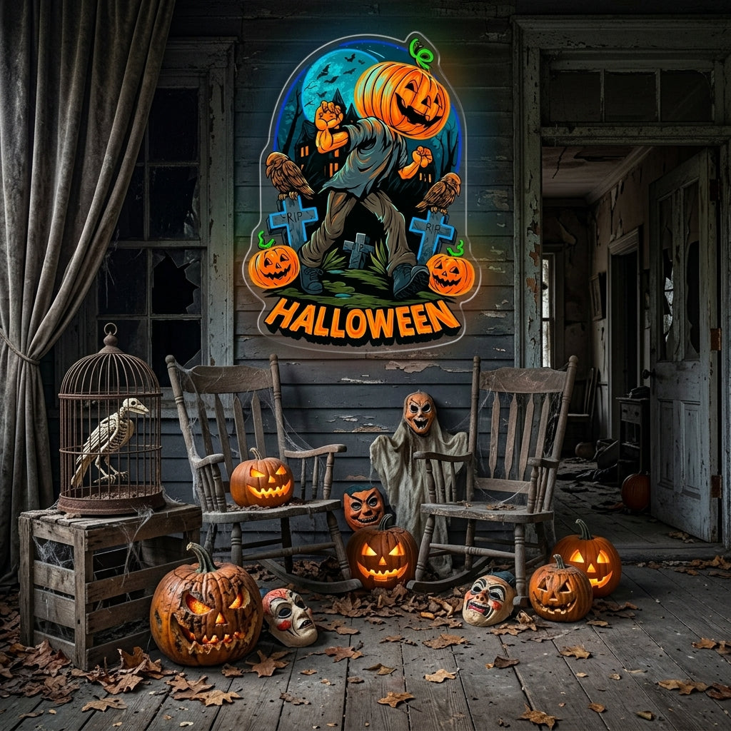 Halloween Pumpkin Zombie Neon Sign – Creepy LED Wall Light for Haunted House & Party Decor
