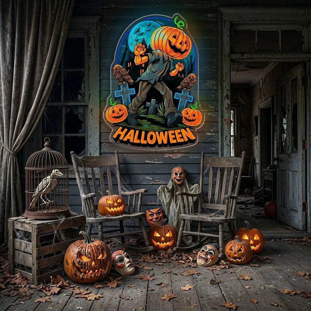 Halloween Pumpkin Zombie Neon Sign – Creepy LED Wall Light for Haunted House & Party Decor