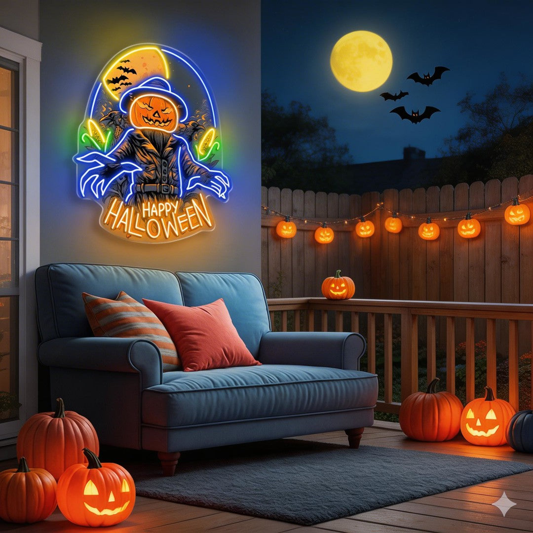 Halloween Scarecrow Pumpkin Neon Sign – Spooky LED Wall Light for Haunted House & Party Decor
